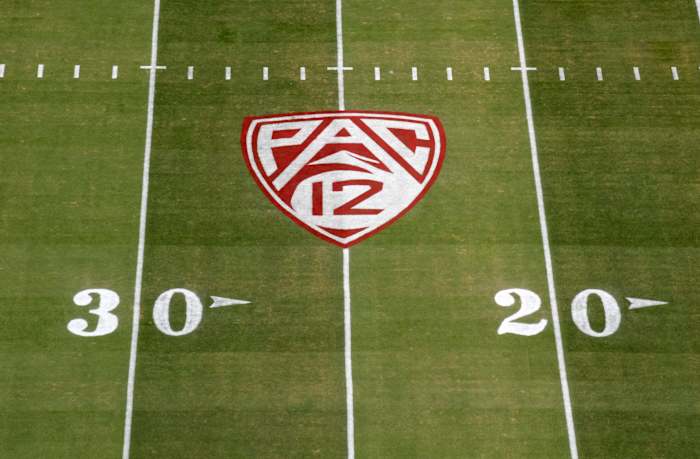 Sep 8, 2018; Stanford, CA, USA; General overall view of the Pac-12 Conference logo on the field during the game between the Southern California Trojans and the Stanford Cardinal at Stanford Stadium. Mandatory Credit: Kirby Lee-USA TODAY Sports